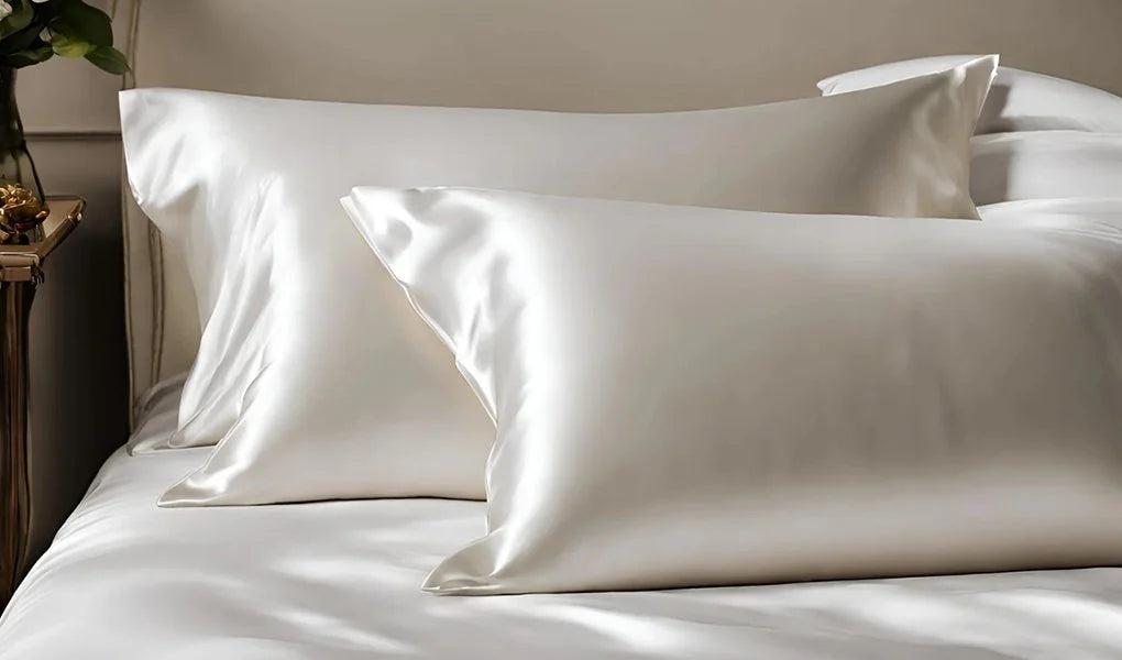 Elegant ivory silk pillowcases arranged on a neatly made bed, their glossy sheen catching soft natural light in a warm, upscale bedroom setting.