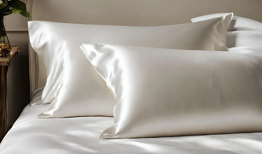 Elegant ivory silk pillowcases arranged on a neatly made bed, their glossy sheen catching soft natural light in a warm, upscale bedroom setting.